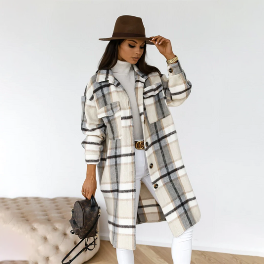 Women's Long Coat – Relaxed Fit – Check Pattern – Wool-Like Soft Fabric