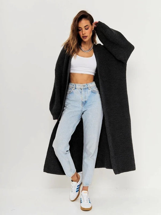 Women's Long Knitted Cardigan – Wool Feel – Oversized Fit – Open Front
