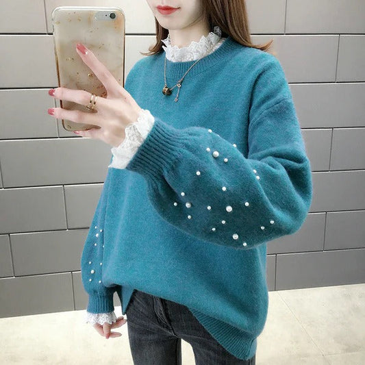 Women's Sweater Knitted – Wool Blend – Relaxed Fit – Pearl Details – Puffed Sleeves