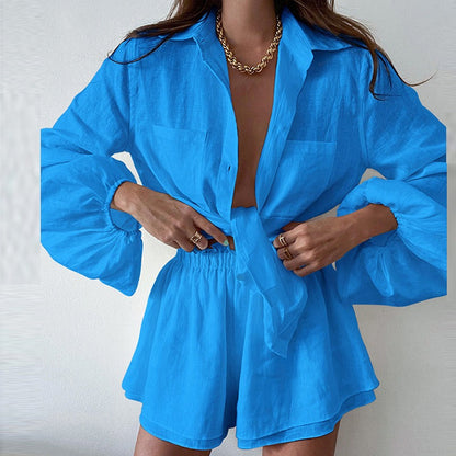 Women's Two-Piece Set – Airy Fit – Tie-Front Crop Shirt – Ruffle Shorts