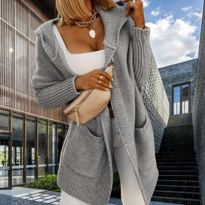 Women's Cardigan – Oversized Fit – Wool Feel Knit – Hood – Open Front – Pockets