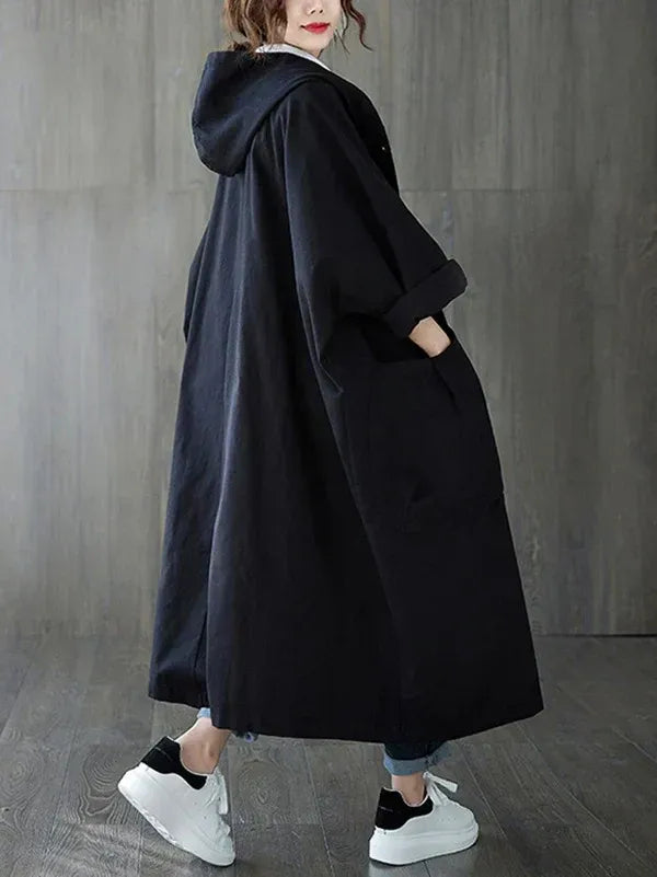 Women's Trench Coat – Waterproof Fabric – Oversized Fit – Hood and Side Pockets