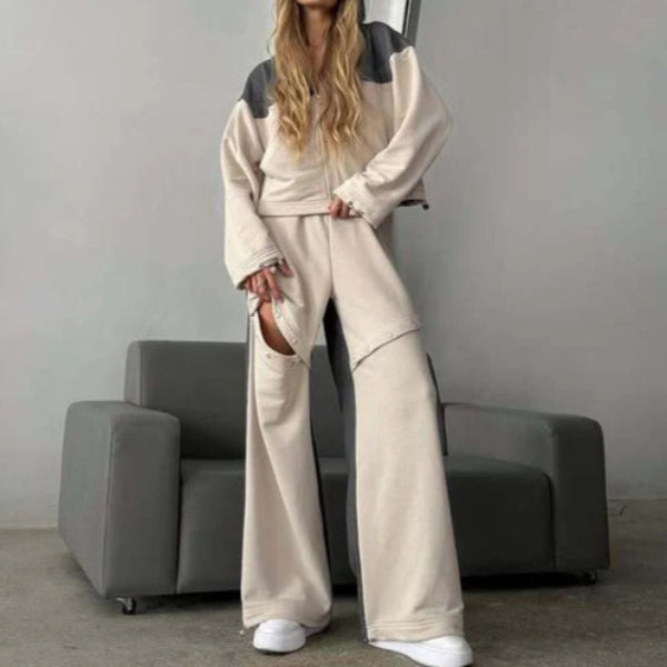 Women's Set Lounge Dress – Cropped Hoodie with Zipper – Wide Cotton Pants
