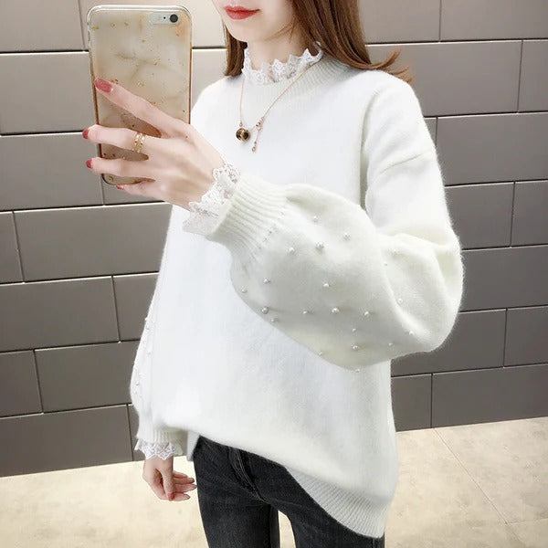 Women's Sweater Knitted – Wool Blend – Relaxed Fit – Pearl Details – Puffed Sleeves