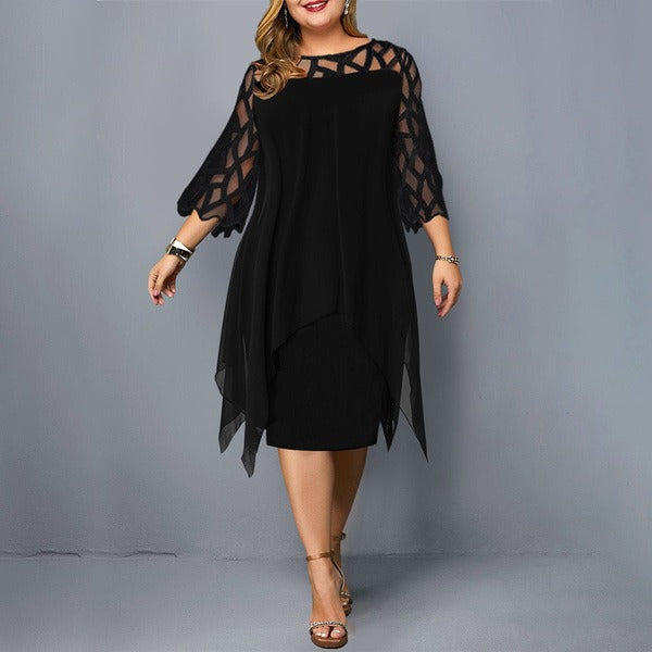 Dress woman midi – Chiffon – Lace details – Asymmetric hem – 3/4 sleeve – Loose fit