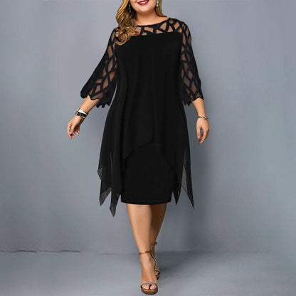 Dress woman midi – Chiffon – Lace details – Asymmetric hem – 3/4 sleeve – Loose fit