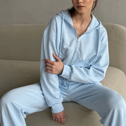 Women's Loungewear Set – Zip-Up Hoodie – Wide Pants – Soft Cotton Blend