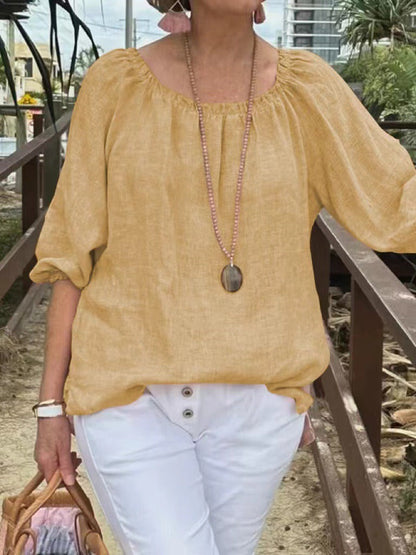 Women's Sweater – Relaxed Fit – Linen and Cotton – Mid-Length Sleeves – Round Neck
