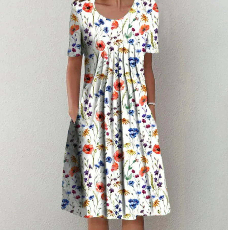Dress woman – Midi length – A-line fit – Breathable fabric – Short sleeve – Floral print
