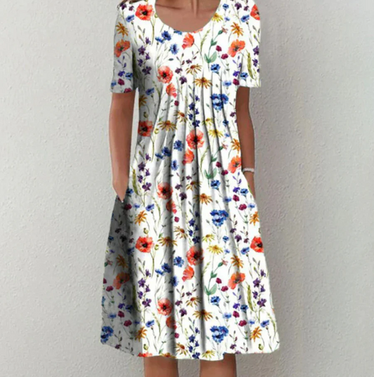 Dress woman – Midi length – A-line fit – Breathable fabric – Short sleeve – Floral print
