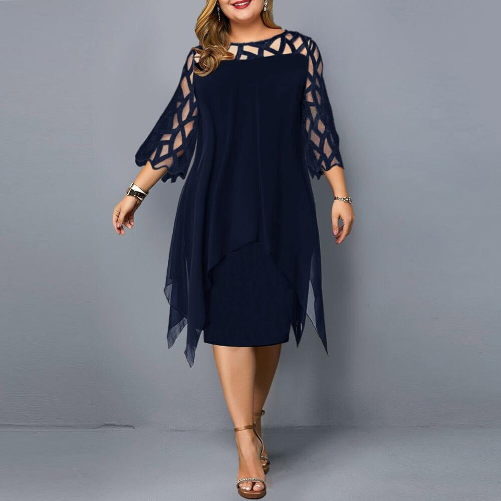 Dress woman midi – Chiffon – Lace details – Asymmetric hem – 3/4 sleeve – Loose fit