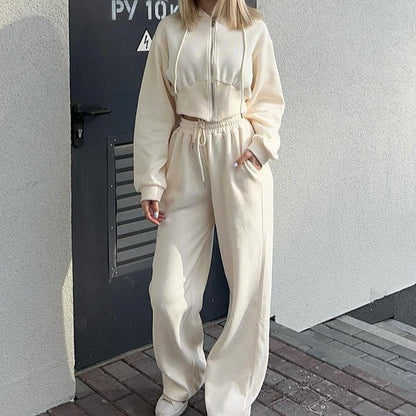 Women's Loungewear Set – Zip-Up Hoodie – Wide Pants – Soft Cotton Blend