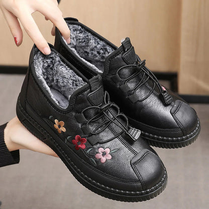 Women's Shoes – Ankle Height – Floral Embroidery – Lace-up with Lock – Soft Lining