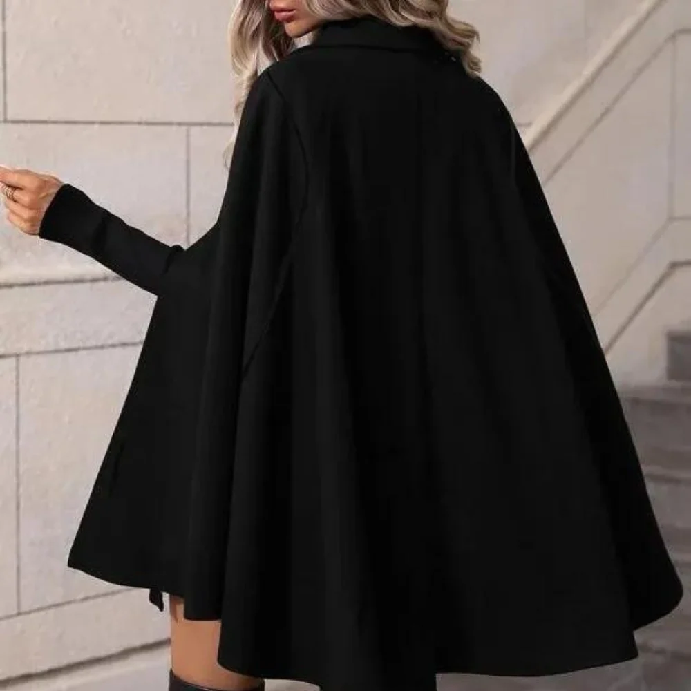 Women's Cape Jacket – Wool Blend – Loose Fit – Double-Breasted – Mid-Length