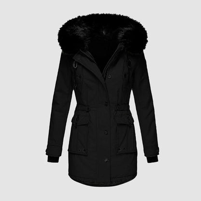 Women's Long Coat – Tailored Fit – Faux Fur Hood – Belt – Buttons and Pockets
