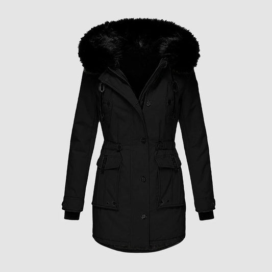 Women's Long Coat – Tailored Fit – Faux Fur Hood – Belt – Buttons and Pockets
