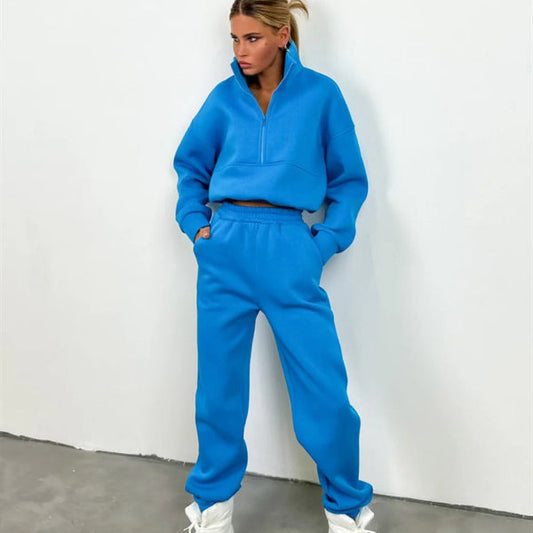 Women's Tracksuit – Relaxed Fit – High Neck Zipper – Elastic Waist – Cotton Blend