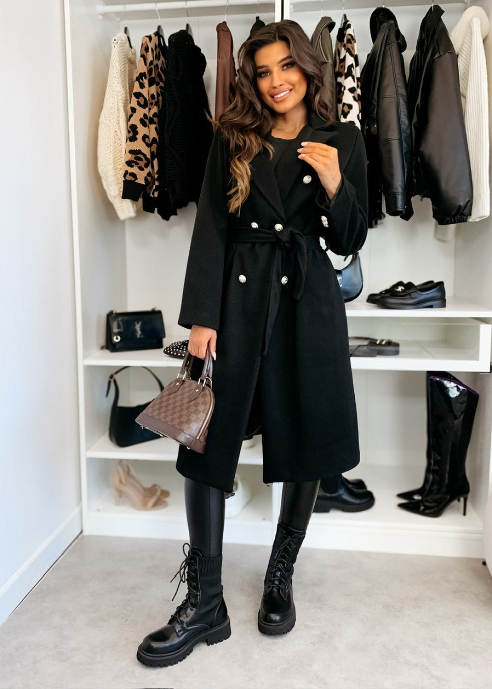 Women's Wool Coat – Double-Breasted – Belt at the Waist – Tailored Knee Length