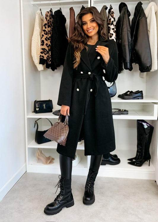Women's Wool Coat – Double-Breasted – Belt at the Waist – Tailored Knee Length