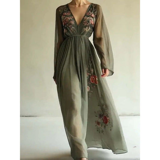 Dress for Women – Long-Sleeved Maxi Dress – V-Neckline – Sheer Fabric – Floral Print