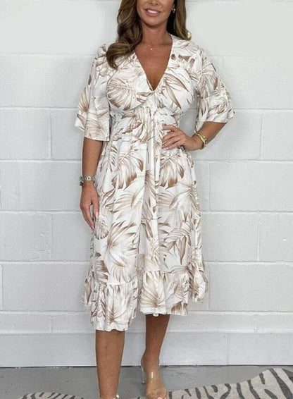 Dress for Women – Midi Length – Loose Fit – High Waist – Floral Print – V-Neck – Ruffle Sleeves