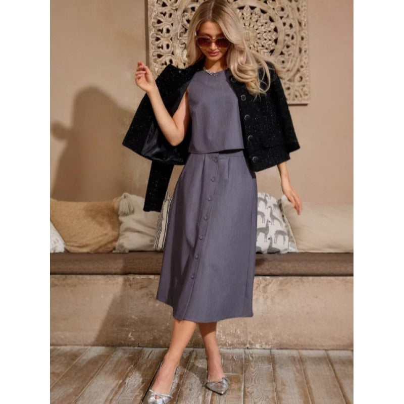 Women's Two-Piece Set – Loose Fit Crop Top – Midi Skirt with Buttons – Cotton Blend