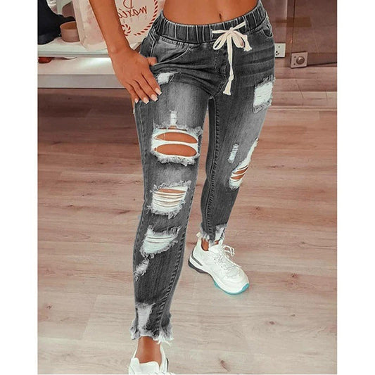 Women's Pants – Slim Fit – Denim Style – Ripped Design – Elastic Drawstring