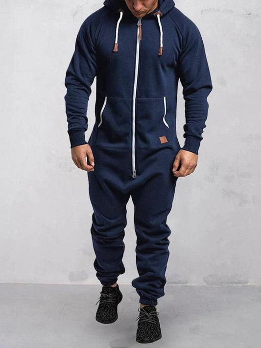 Men's jumpsuit – fleece comfort – relaxed fit – hood – full zipper – pockets