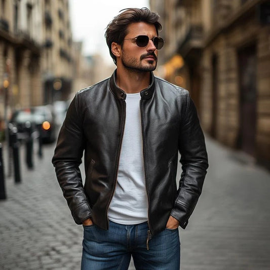 Men's Leather Jacket – Slim Fit – Stand Collar – Zipper Closure – Minimalist Design