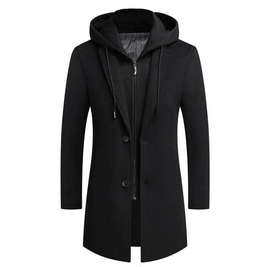 Men's Coat – Wool Blend – Tailored Fit – Detachable Hood – Mid-Length