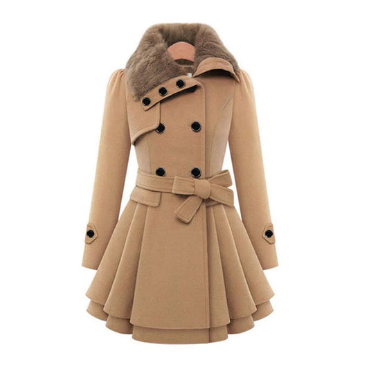 Women's Coat – Tailored Fit – A-line – Double-breasted – Faux Fur Collar – Belt