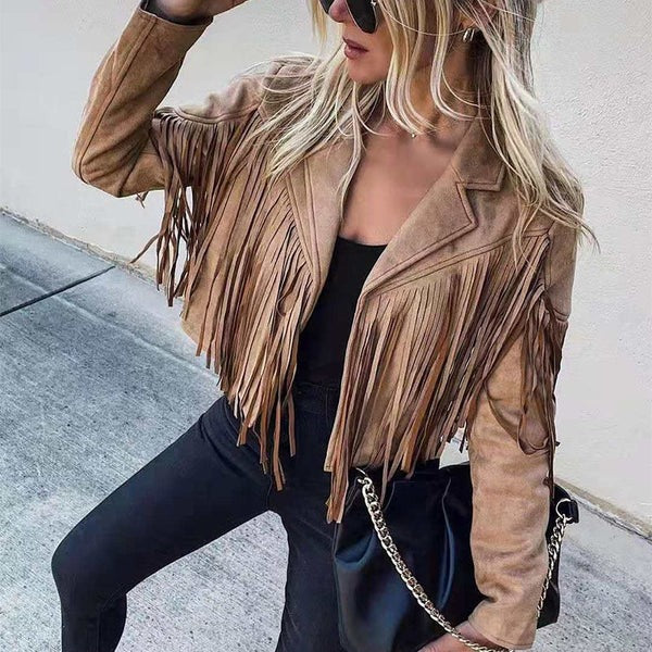 Women's Leather Jacket – Fringe Sleeves – Tailored Fit – Hip-Length Design