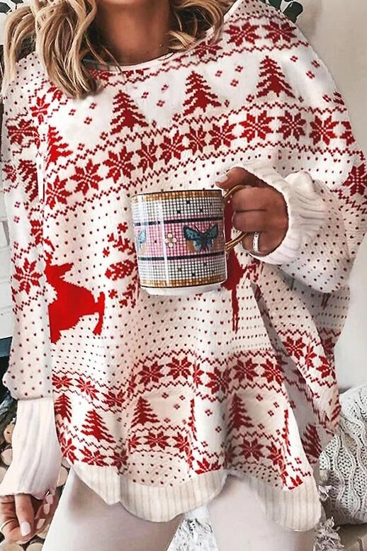 Women's Sweater – Oversized Fit – Knitted Wool Blend – Round Neck – Festive Pattern
