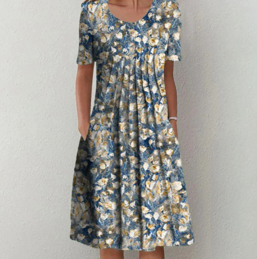 Dress woman – Midi length – A-line fit – Breathable fabric – Short sleeve – Floral print