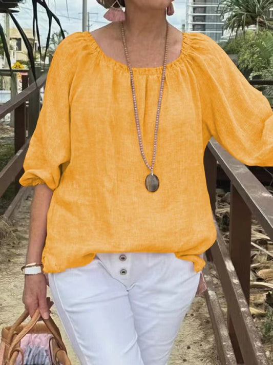 Women's Sweater – Relaxed Fit – Linen and Cotton – Mid-Length Sleeves – Round Neck