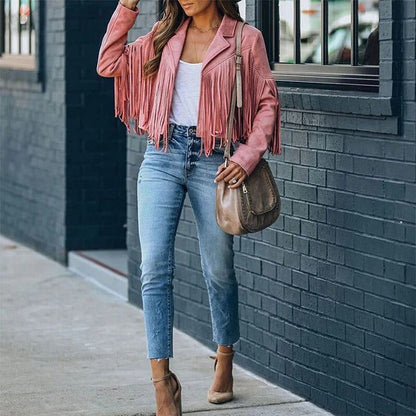 Women's Leather Jacket – Fringe Sleeves – Tailored Fit – Hip-Length Design