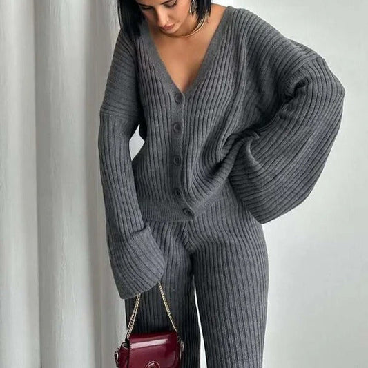 Women's Loungewear Set – Knitted Ribbed Texture – Oversized Fit – Wide Sleeves