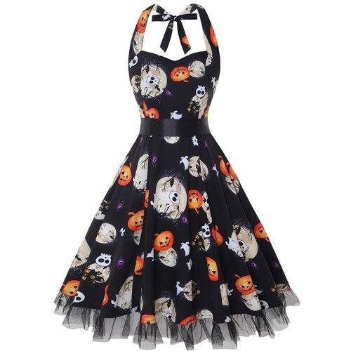 Dress woman midi – A-line fit – Halterneck – Cartoon pattern – Tulle skirt
