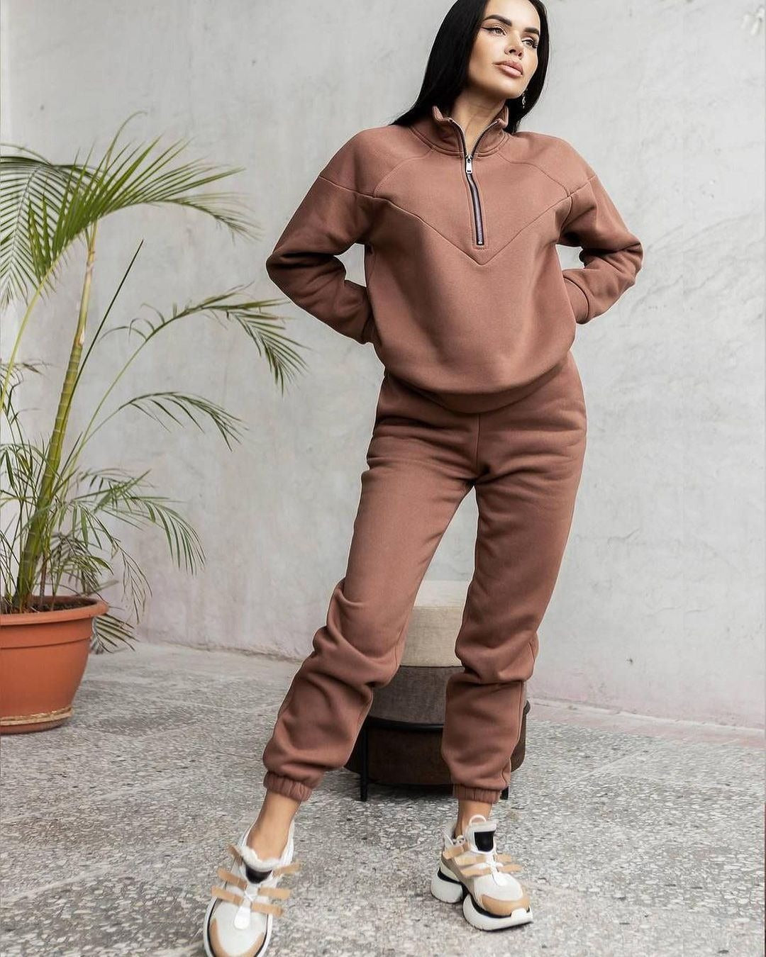 Women's Loungewear Set – Fleece – Relaxed Fit – Hoodie with Half-Zip – Joggers