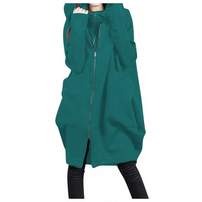 Women's Coat in Mid-Length – Oversized Fit – Hood – Zipper – Large Pockets