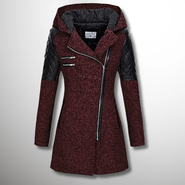 Women’s Winter Coat - Faux Leather - Tailored A-Line - Mid-Thigh Length - Hooded