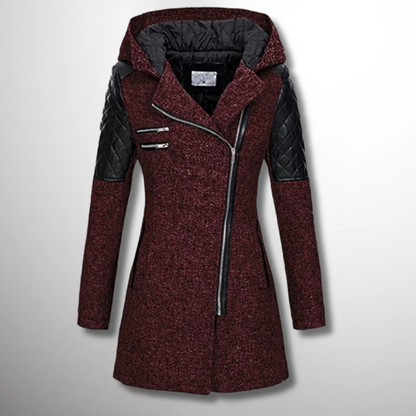 Women’s Winter Coat - Faux Leather - Tailored A-Line - Mid-Thigh Length - Hooded