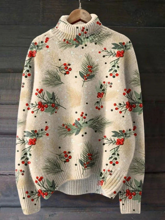 Women's Turtleneck Sweater – Wool Knit – Relaxed Fit – Festive Pattern – Ribbed Edges