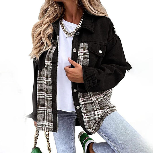 Women's Jacket – Relaxed Fit – Wool Blend Check Panel – Button Closure – Hip Length