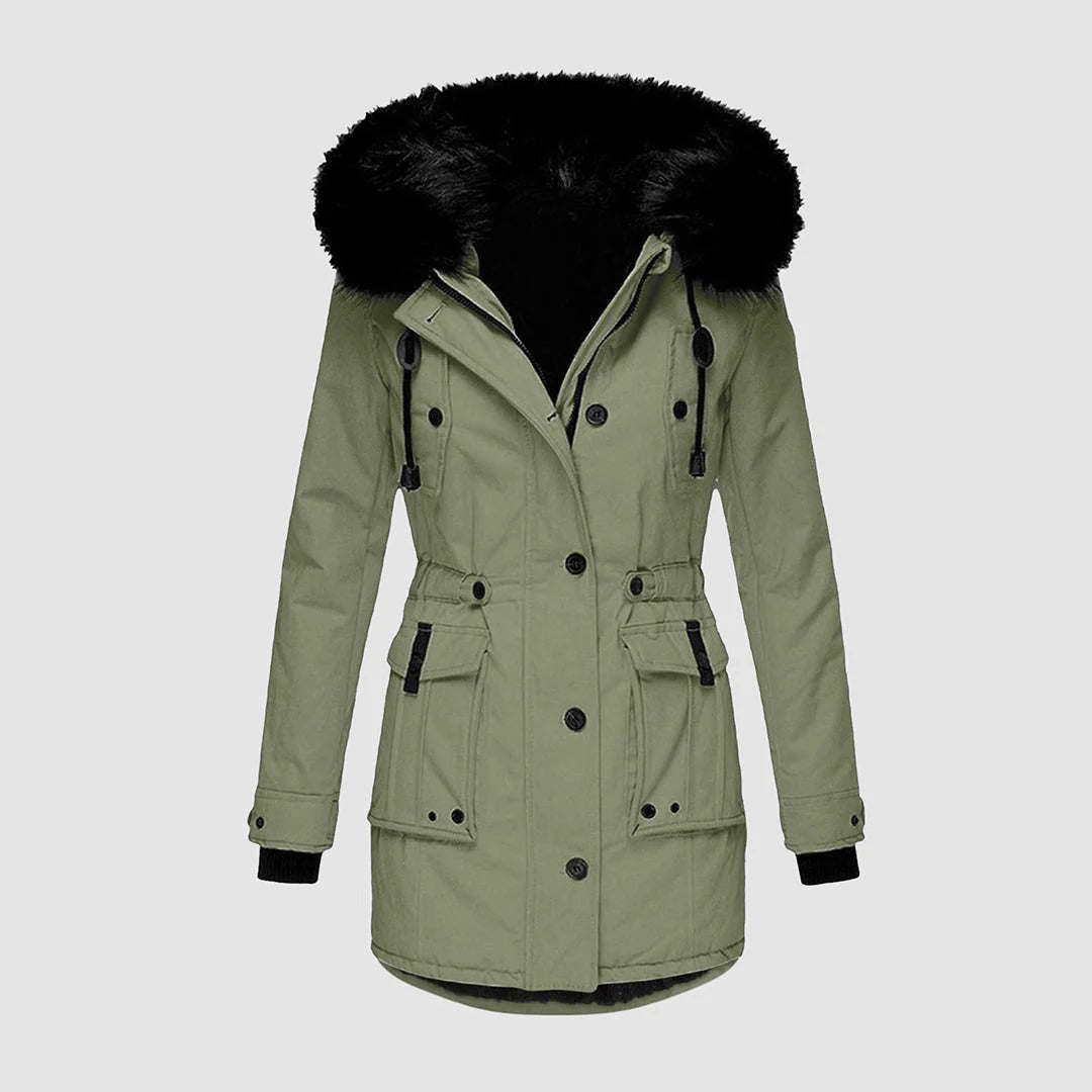 Women's Long Coat – Tailored Fit – Faux Fur Hood – Belt – Buttons and Pockets