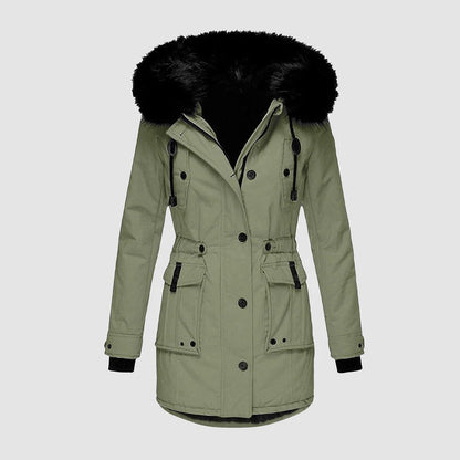 Women's Long Coat – Tailored Fit – Faux Fur Hood – Belt – Buttons and Pockets