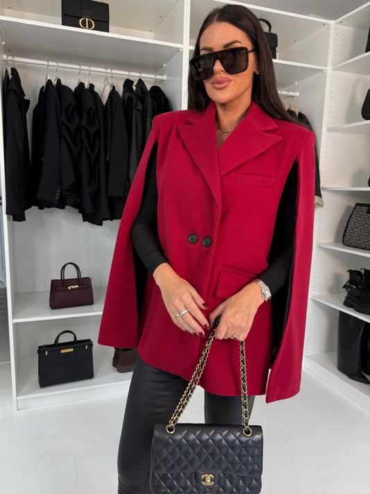 Women's Cape Coat – Wool – Loose Fit – Button Closure – Shoulder Structure – Hip Length
