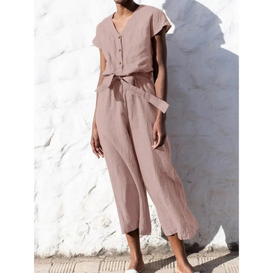 Women's jumpsuit – relaxed fit – cotton blend – V-neck – short sleeves – tie belt