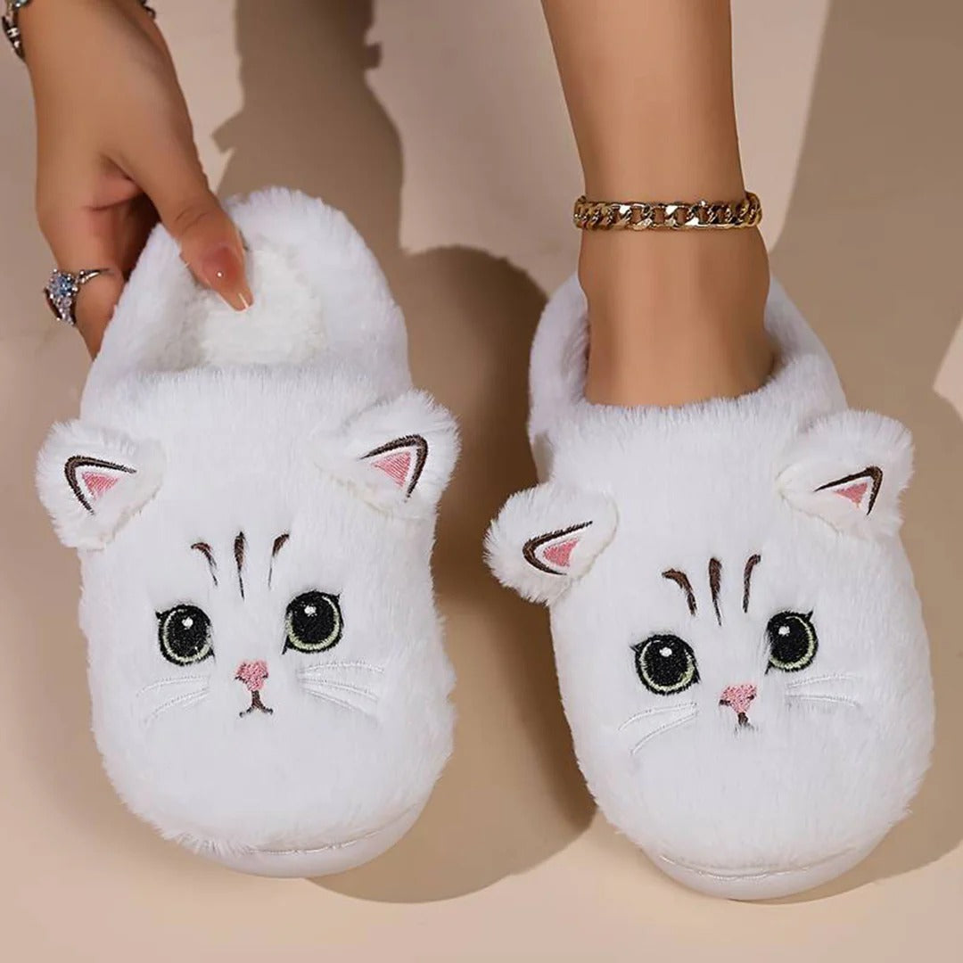 Women's Slippers – Ankle-High Fit – Soft Fleece – Embroidered Cat Face – Indoor Comfort