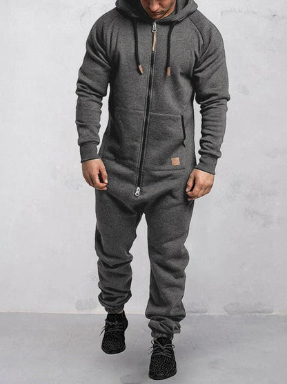 Men's jumpsuit – fleece comfort – relaxed fit – hood – full zipper – pockets